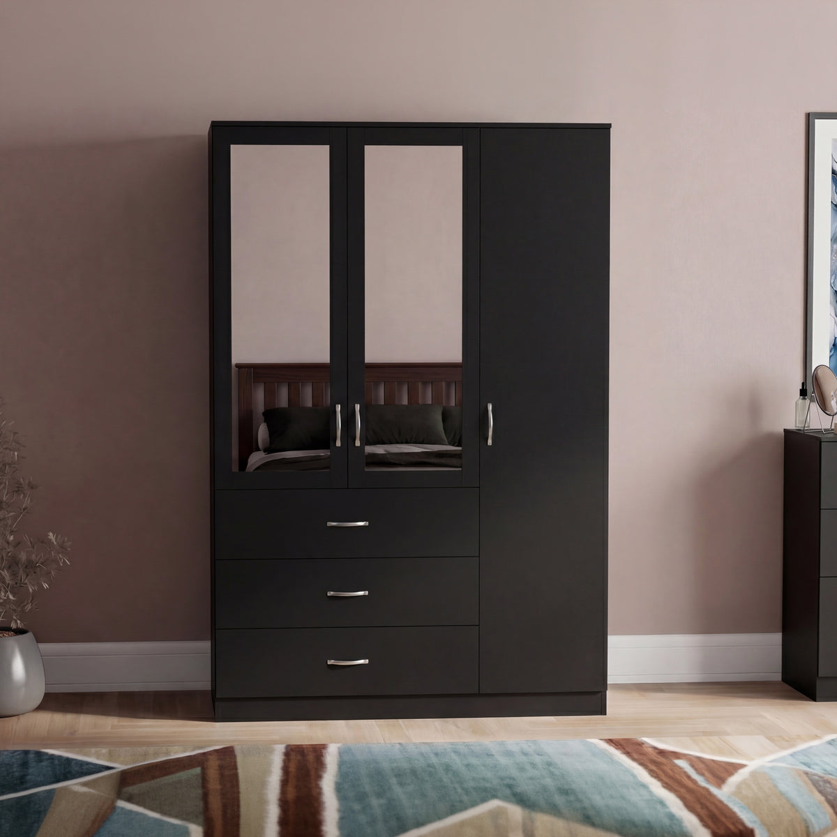 Riano 3 Door 3 Drawer Mirrored Wardrobe- Black
