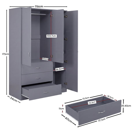 Riano 3 Door 3 Drawer Mirrored Wardrobe- Grey
