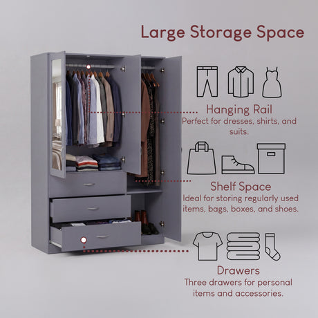 Riano 3 Door 3 Drawer Mirrored Wardrobe- Grey
