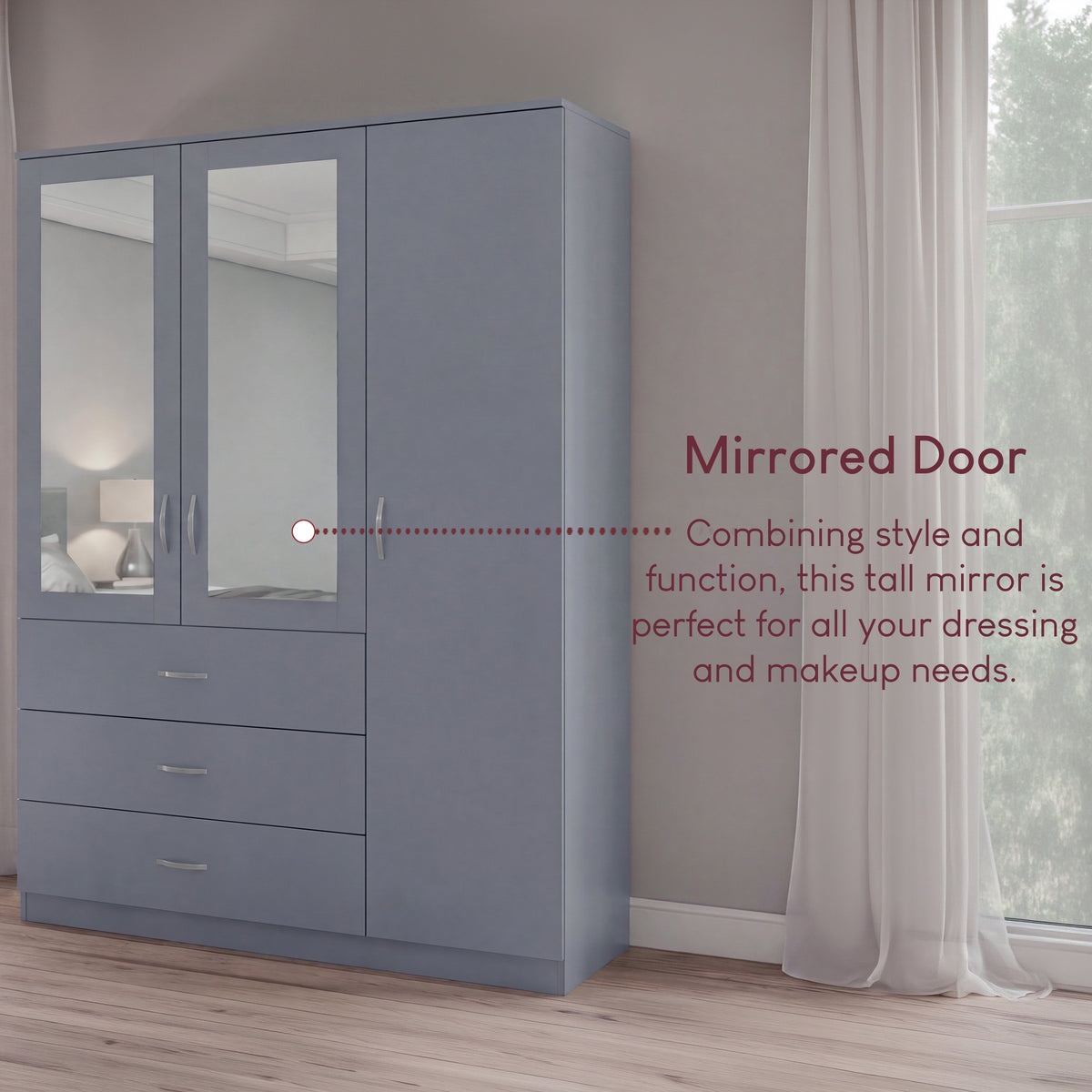 Riano 3 Door 3 Drawer Mirrored Wardrobe- Grey
