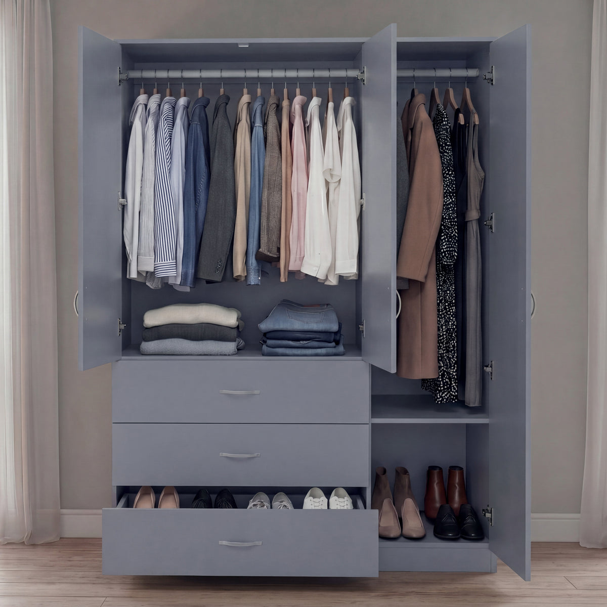 Riano 3 Door 3 Drawer Mirrored Wardrobe- Grey
