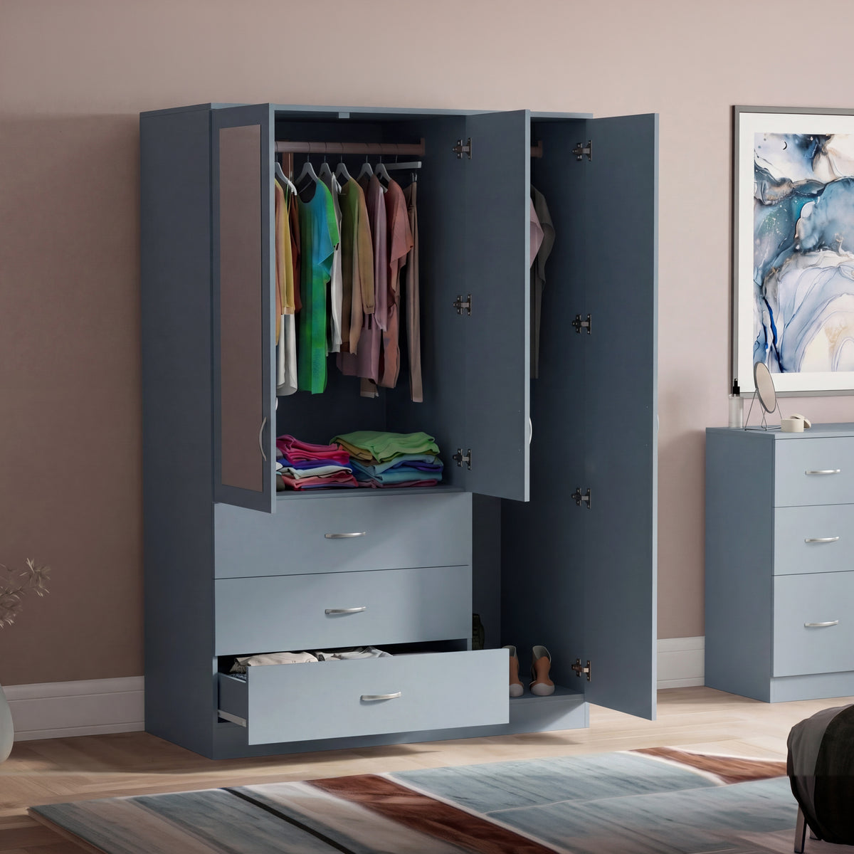 Riano 3 Door 3 Drawer Mirrored Wardrobe, Grey