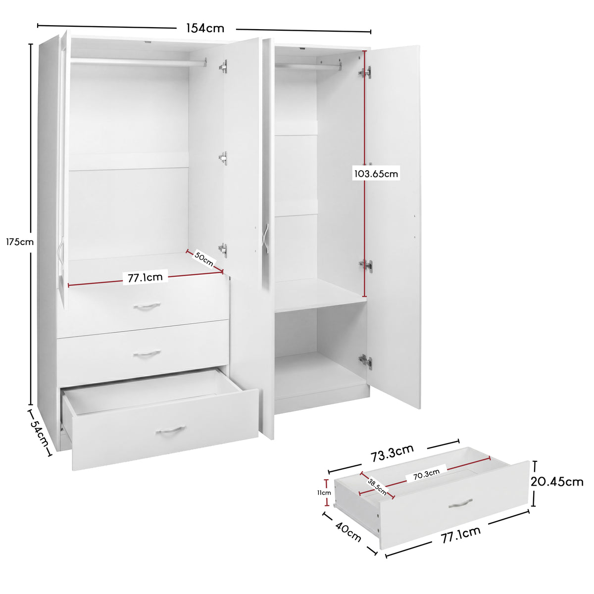Riano 4 Door 3 Drawer Mirrored Wardrobe- White
