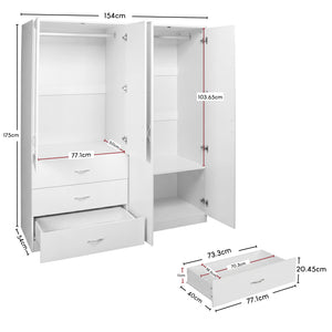 Riano 4 Door 3 Drawer Mirrored Wardrobe- White
