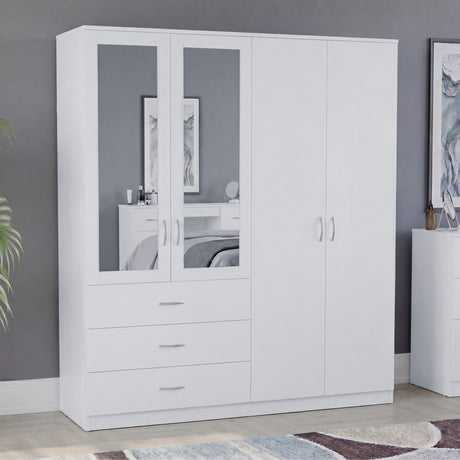 Riano 4 Door 3 Drawer Mirrored Wardrobe- White
