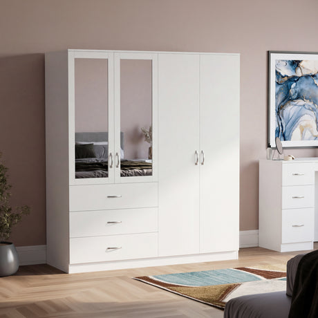 Riano 4 Door 3 Drawer Mirrored Wardrobe- White
