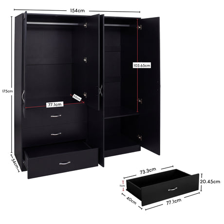 Riano 4 Door 3 Drawer Mirrored Wardrobe- Black
