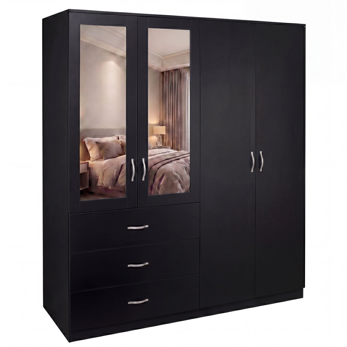 Riano 4 Door 3 Drawer Mirrored Wardrobe – Black