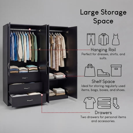 Riano 4 Door 3 Drawer Mirrored Wardrobe- Black
