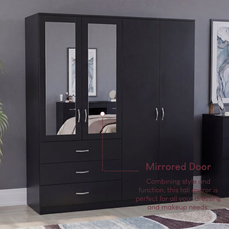Riano 4 Door 3 Drawer Mirrored Wardrobe- Black
