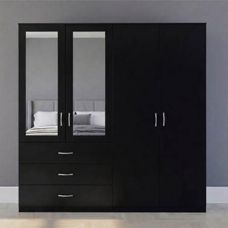 Riano 4 Door 3 Drawer Mirrored Wardrobe- Black
