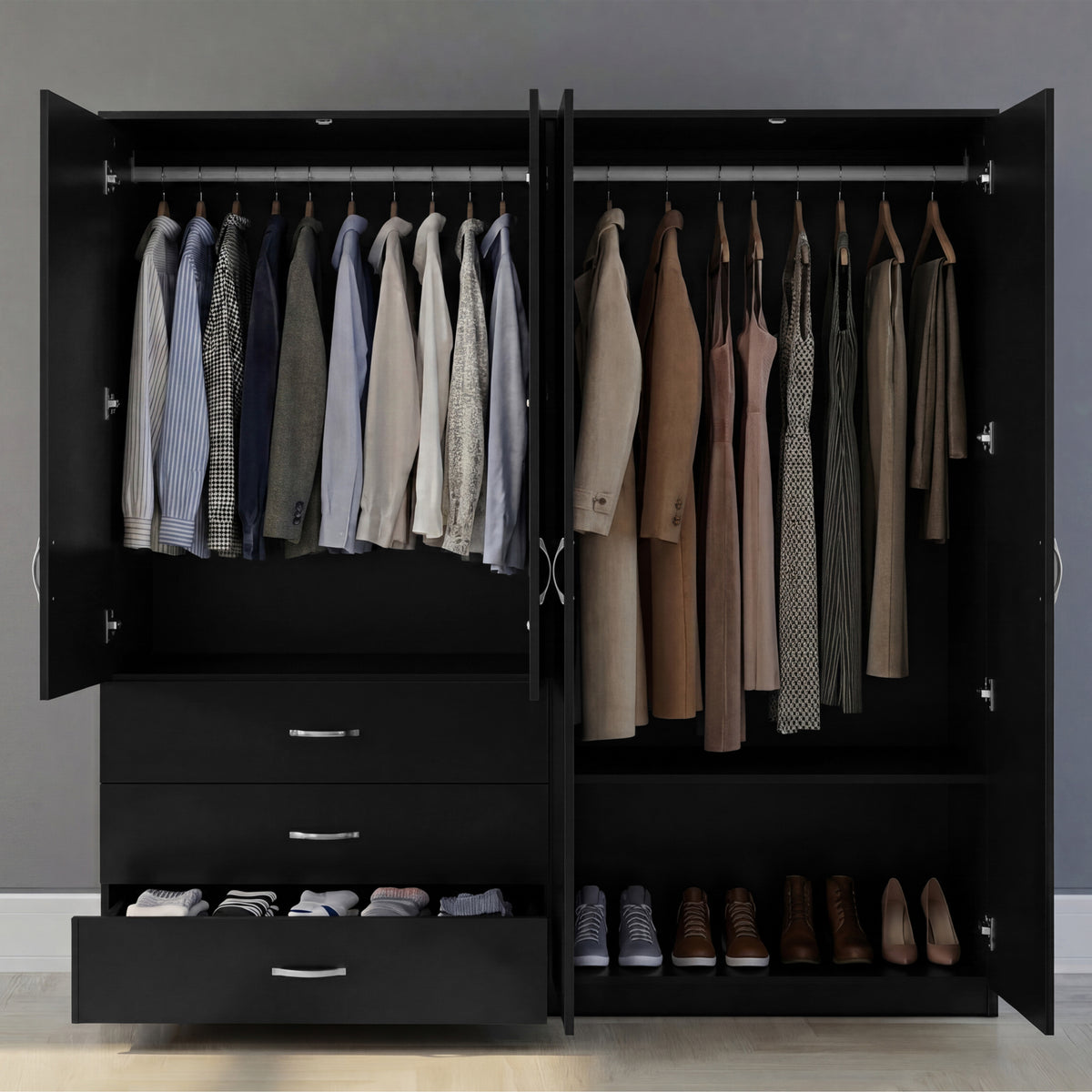 Riano 4 Door 3 Drawer Mirrored Wardrobe – Black