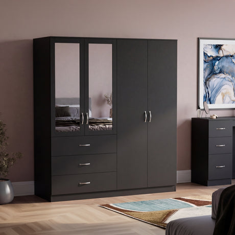 Riano 4 Door 3 Drawer Mirrored Wardrobe- Black
