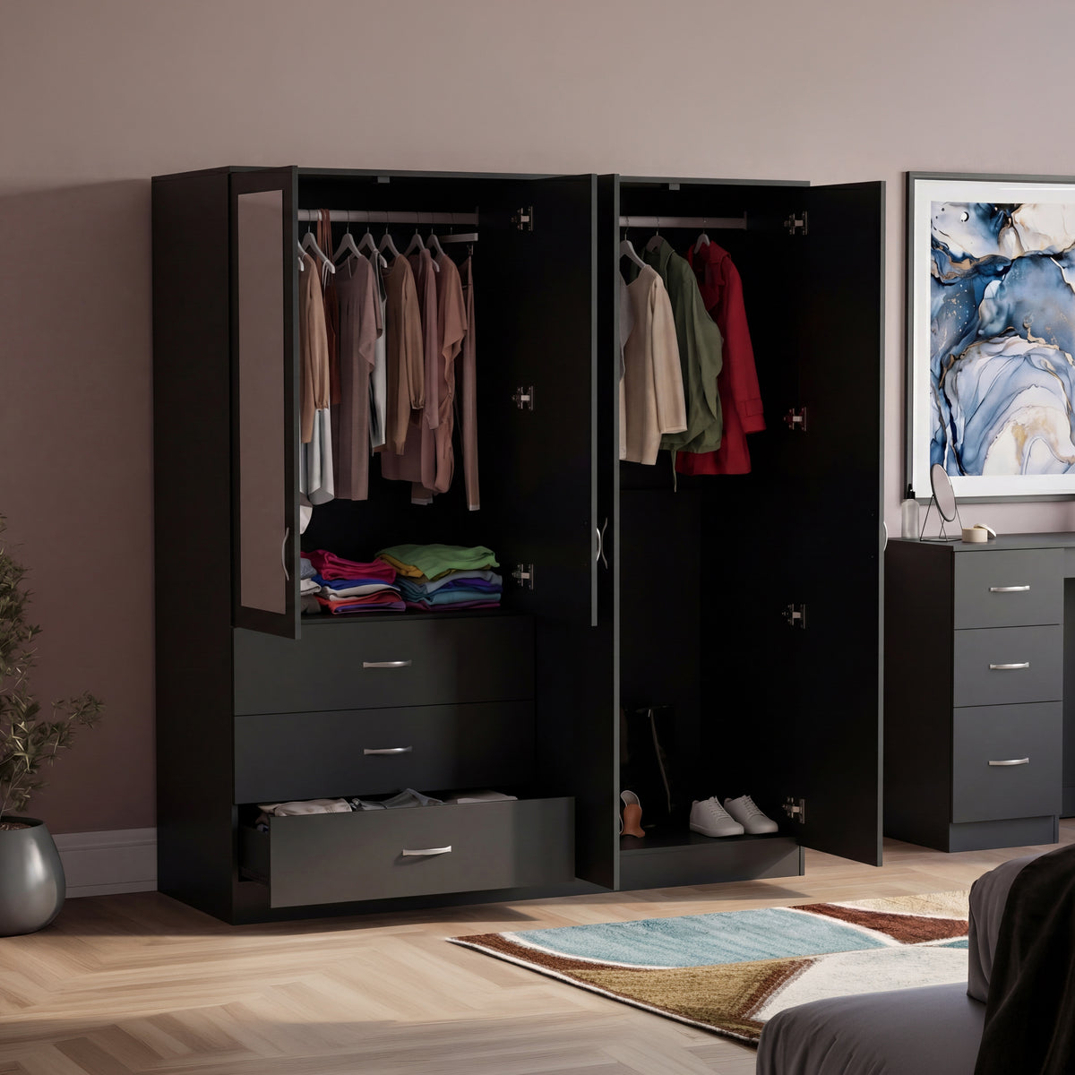 Riano 4 Door 3 Drawer Mirrored Wardrobe – Black
