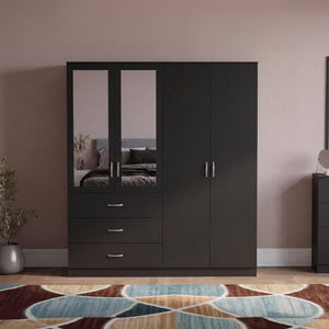 Riano 4 Door 3 Drawer Mirrored Wardrobe- Black
