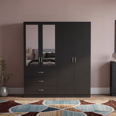 Riano 4 Door 3 Drawer Mirrored Wardrobe- Black
