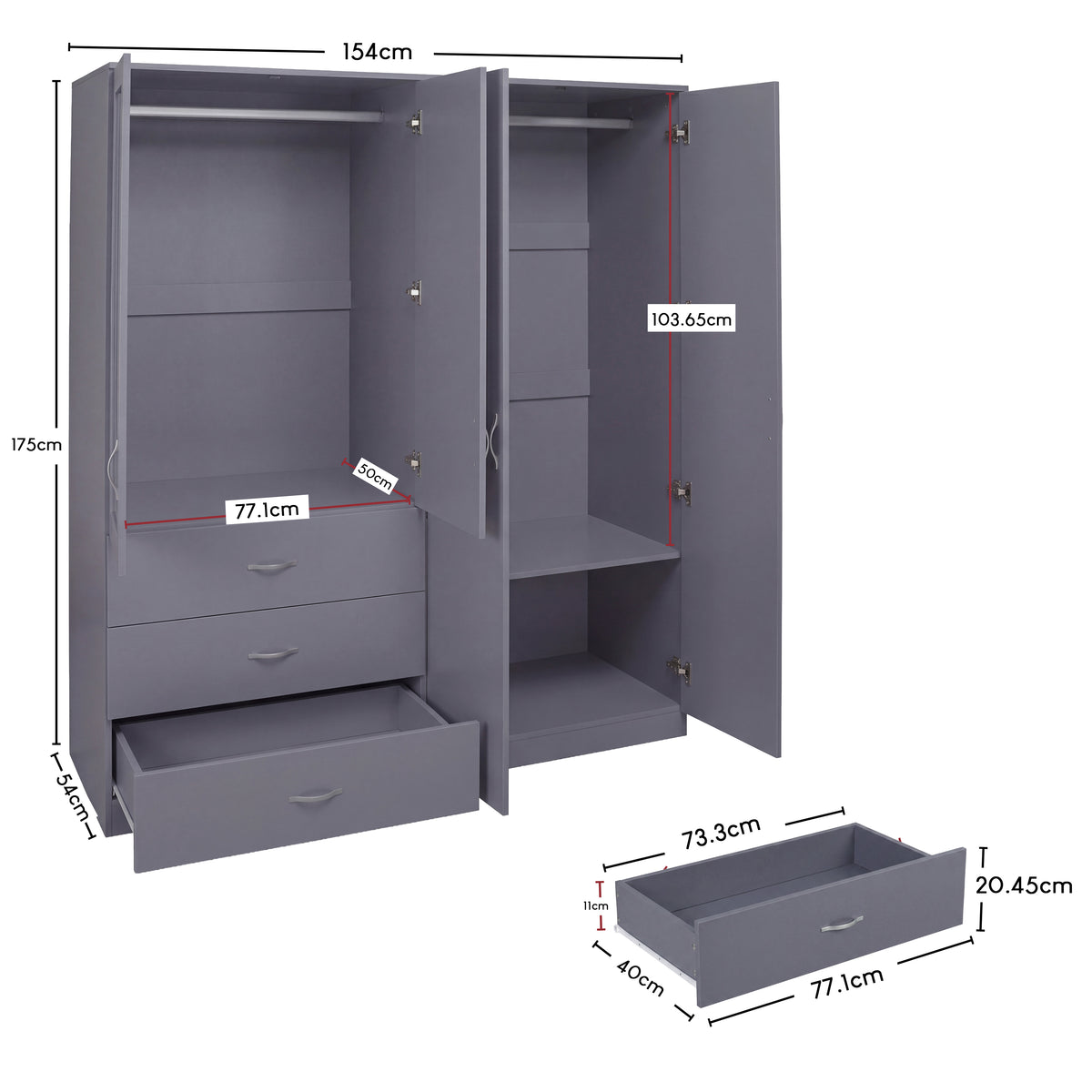 Riano 4 Door 3 Drawer Mirrored Wardrobe- Grey
