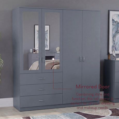 Riano 4 Door 3 Drawer Mirrored Wardrobe- Grey
