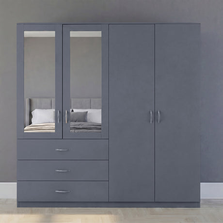 Riano 4 Door 3 Drawer Mirrored Wardrobe- Grey
