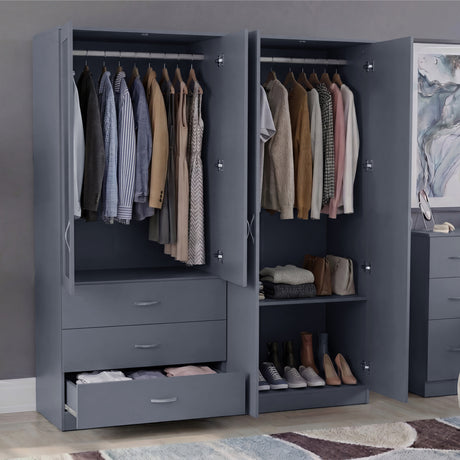 Riano 4 Door 3 Drawer Mirrored Wardrobe- Grey
