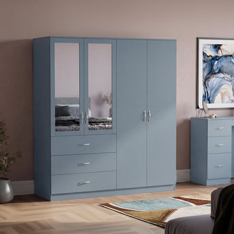 Riano 4 Door 3 Drawer Mirrored Wardrobe- Grey
