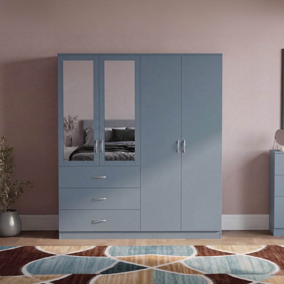 Riano 4 Door 3 Drawer Mirrored Wardrobe- Grey
