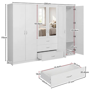 Riano 6 Door 3 Drawer Mirrored Wardrobe- White
