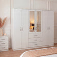 Riano 6 Door 3 Drawer Mirrored Wardrobe- White
