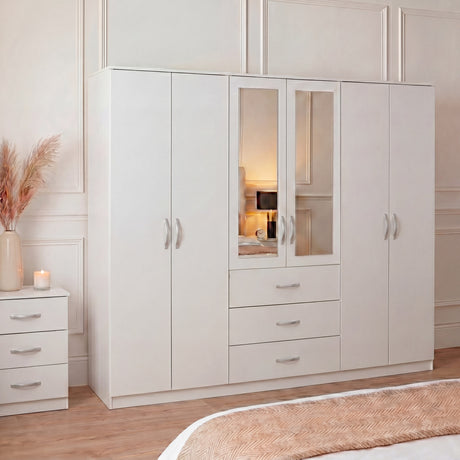 Riano 6 Door 3 Drawer Mirrored Wardrobe- White
