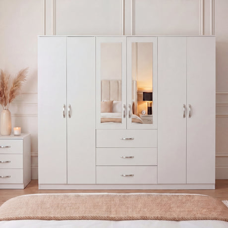 Riano 6 Door 3 Drawer Mirrored Wardrobe- White
