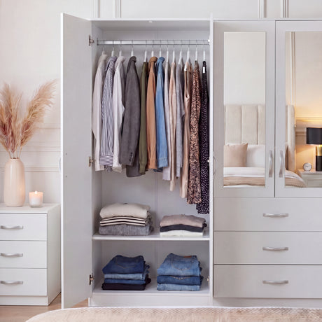 Riano 6 Door 3 Drawer Mirrored Wardrobe- White
