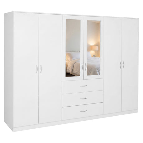 Riano 6 Door 3 Drawer Mirrored Wardrobe- White
