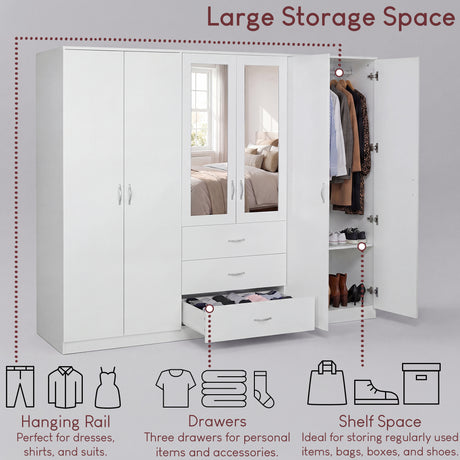 Riano 6 Door 3 Drawer Mirrored Wardrobe- White
