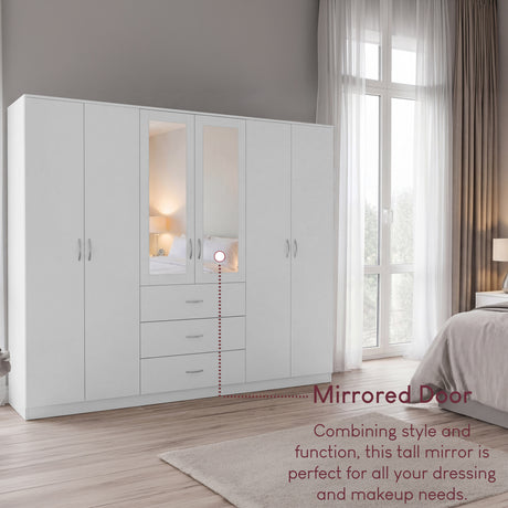 Riano 6 Door 3 Drawer Mirrored Wardrobe- White
