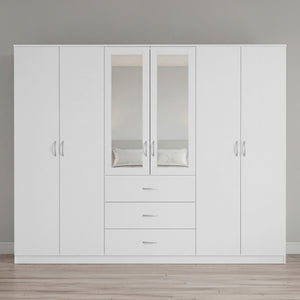 Riano 6 Door 3 Drawer Mirrored Wardrobe- White
