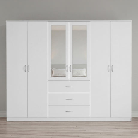 Riano 6 Door 3 Drawer Mirrored Wardrobe- White
