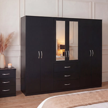 Riano 6 Door 3 Drawer Mirrored Wardrobe- Black
