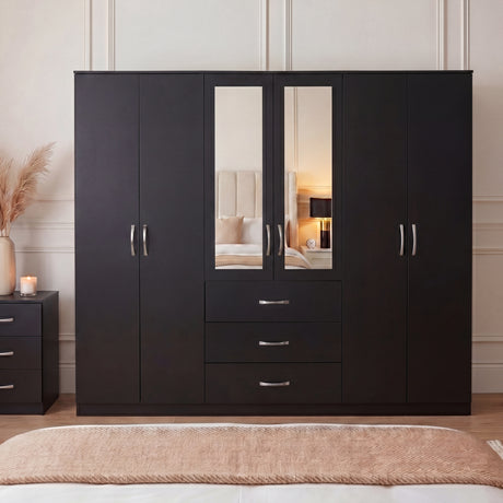 Riano 6 Door 3 Drawer Mirrored Wardrobe- Black
