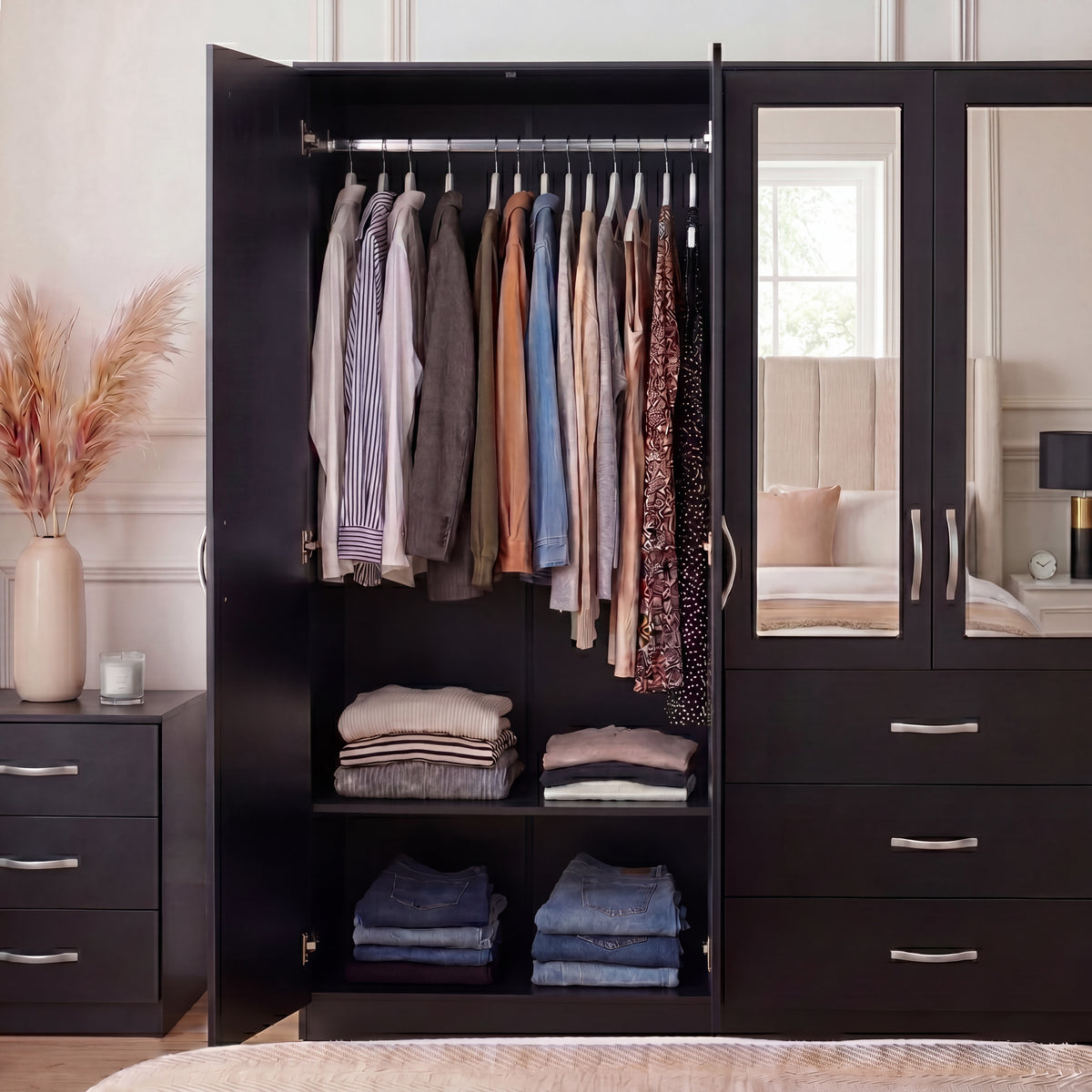 Riano 6 Door 3 Drawer Mirrored Wardrobe – Black