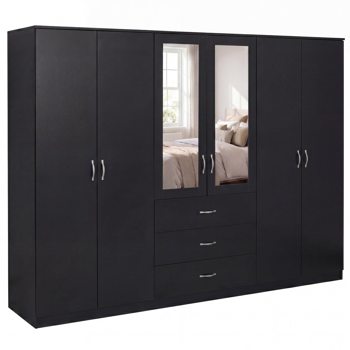 Riano 6 Door 3 Drawer Mirrored Wardrobe- Black

