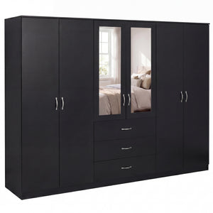 Riano 6 Door 3 Drawer Mirrored Wardrobe- Black
