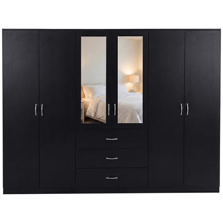 Riano 6 Door 3 Drawer Mirrored Wardrobe- Black

