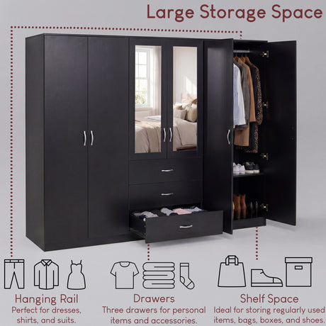 Riano 6 Door 3 Drawer Mirrored Wardrobe- Black

