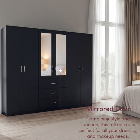 Riano 6 Door 3 Drawer Mirrored Wardrobe- Black
