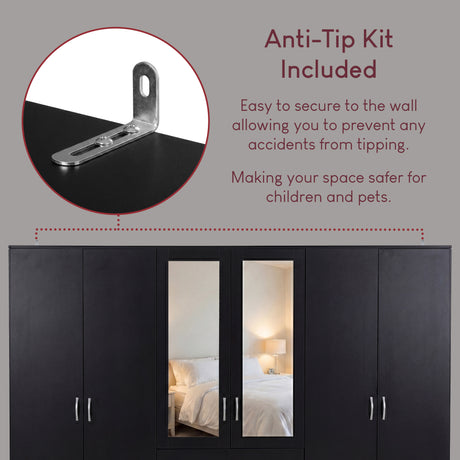 Riano 6 Door 3 Drawer Mirrored Wardrobe- Black
