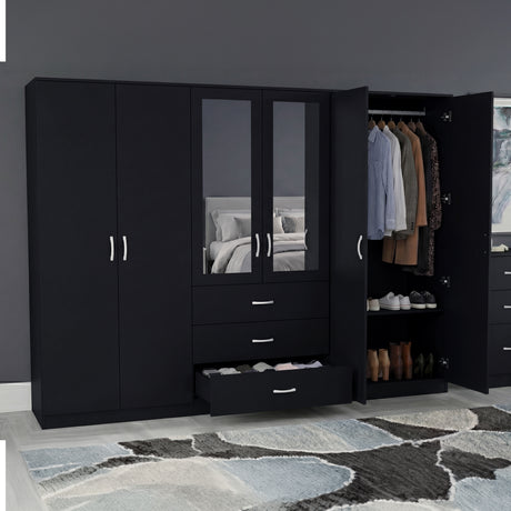 Riano 6 Door 3 Drawer Mirrored Wardrobe- Black
