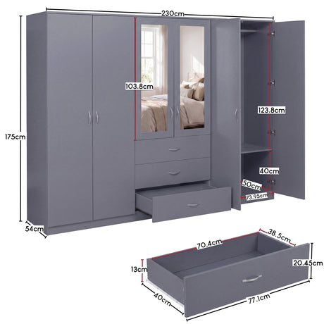 Riano 6 Door 3 Drawer Mirrored Wardrobe- Grey
