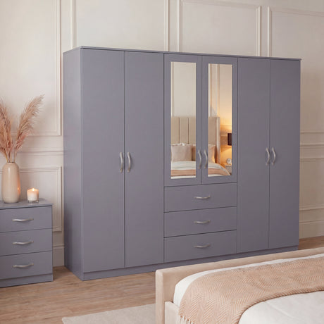 Riano 6 Door 3 Drawer Mirrored Wardrobe- Grey
