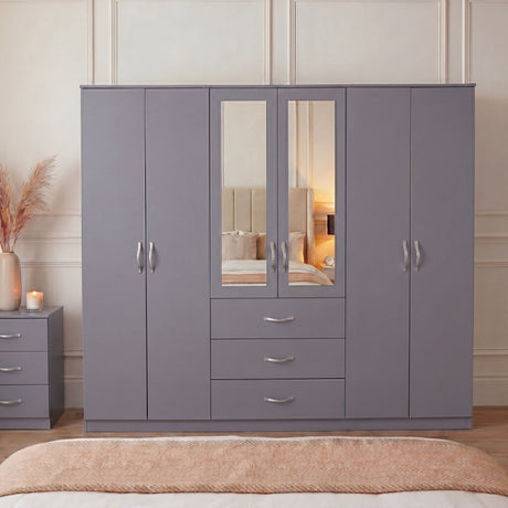 Riano 6 Door 3 Drawer Mirrored Wardrobe- Grey
