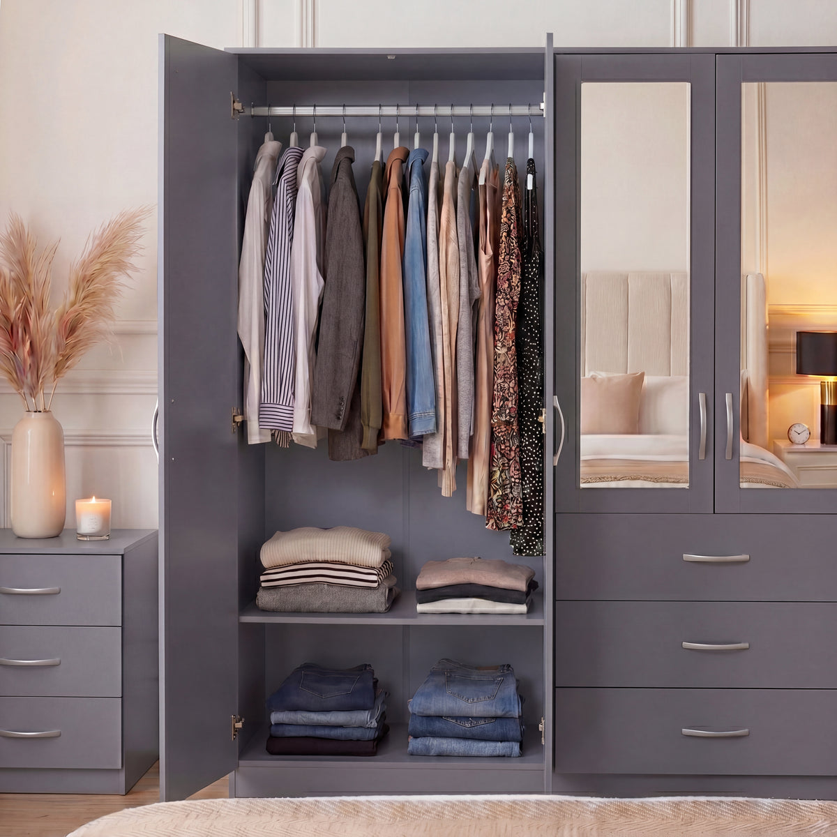 Riano 6 Door 3 Drawer Mirrored Wardrobe, Grey